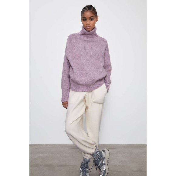 ZARA Lilac High Collar Knit Sweater Wool Alpaca Blend Sz M - Picture 1 of 10
